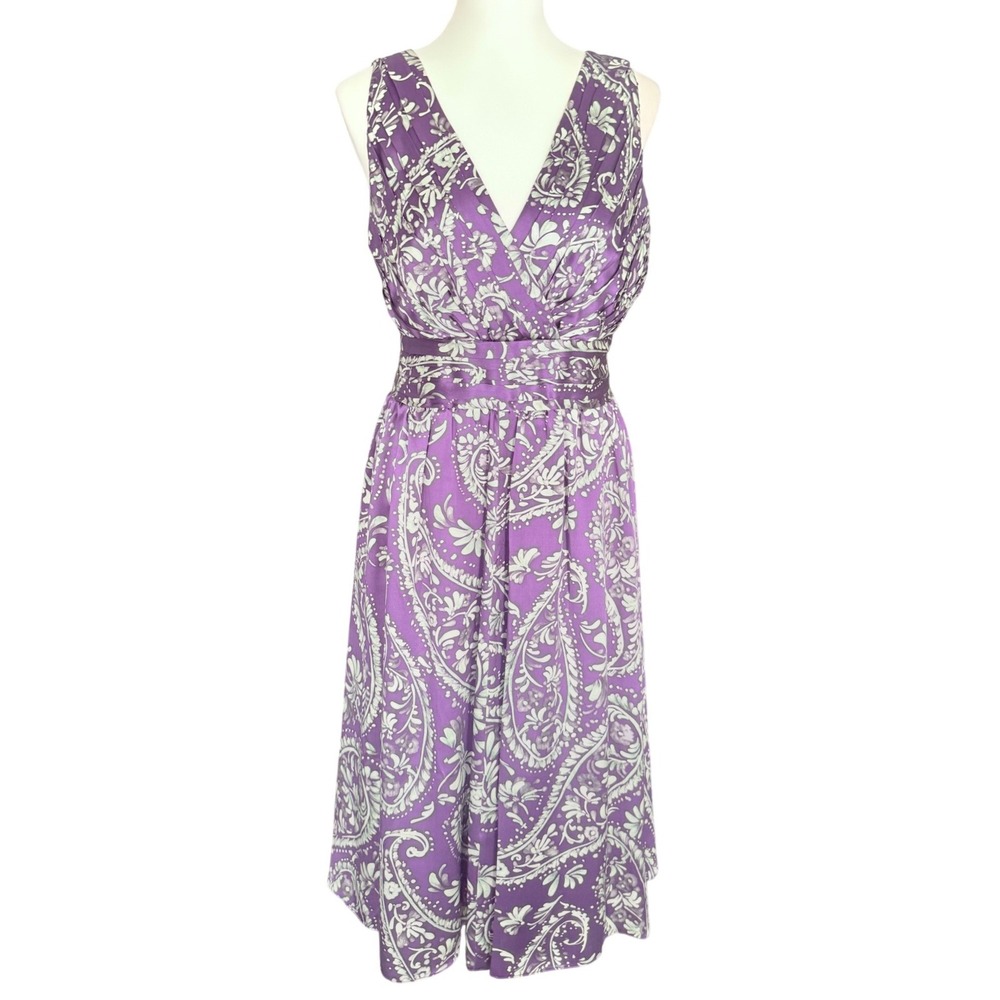 Spiegel Womens Purple Paisley 100% Silk Sleeveless V-Neck Midi Dress Size 12